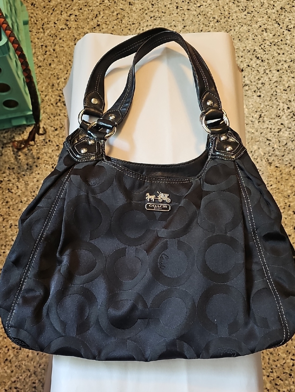 Coach Black Signature 'C' Jacquard Studded Shoulder Bag Madison Hobo F0973-14305